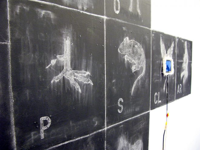 Kevin H. Jones, _Flow Control_, 2008. Paint, chalk, and LCD monitors. Courtesy the artist.