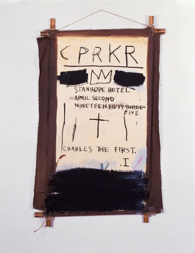 Jean-Michel Basquiat, _CPRKR_, 1982.  Acrylic, oil-stick, and collage on canvas mounted on wood. Courtesy the Donald Baechler Collection, New York.