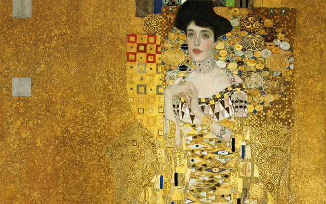 Gustav Klimt, _Portrait of Adele Bloch-Bauer I_, 1907. Oil, silver, and gold on canvas (detail). Collection of the Neue Galerie, New York.
