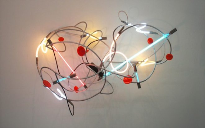 Keith Sonnier, _Twister_,  2011. Neon, argon, steel, plastic reflectors, and transformer. Courtesy the artist.