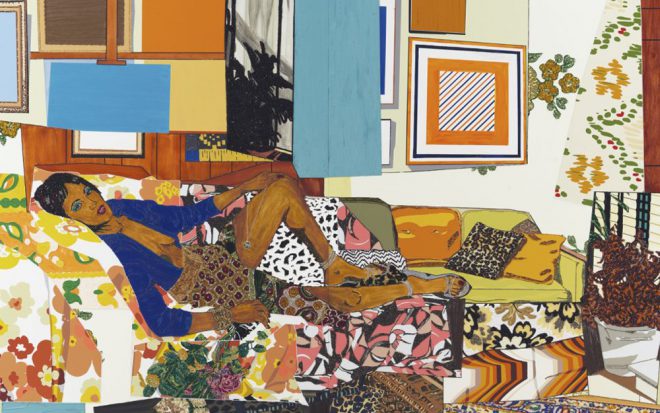 Mickalene Thomas, _Tamika sur une chaise longue avec Monet_, 2012. Rhinestones, acrylic, oil, and enamel on wood panel (detail). Courtesy the artist; Lehmann Maupin, New York and Hong Kong; and Artists Rights Society, New York.