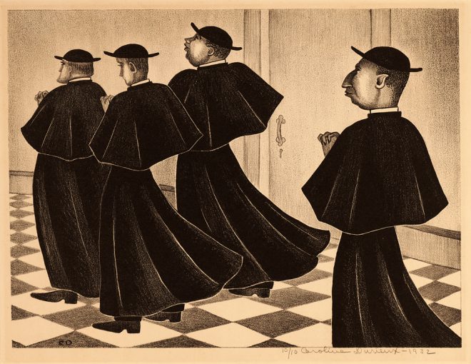 Caroline Durieux’s _Priests_, 1932, is on view in “/’pāpər/.” Courtesy the Ogden Museum of Southern Art, New Orleans.